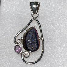 Load image into Gallery viewer, Titanium Quartz Druzy and Amethyst in Sterling Silver Setting
